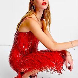 NWT ASOS DESIGN shard detail midi dress with sheer waist detail in red size US 4